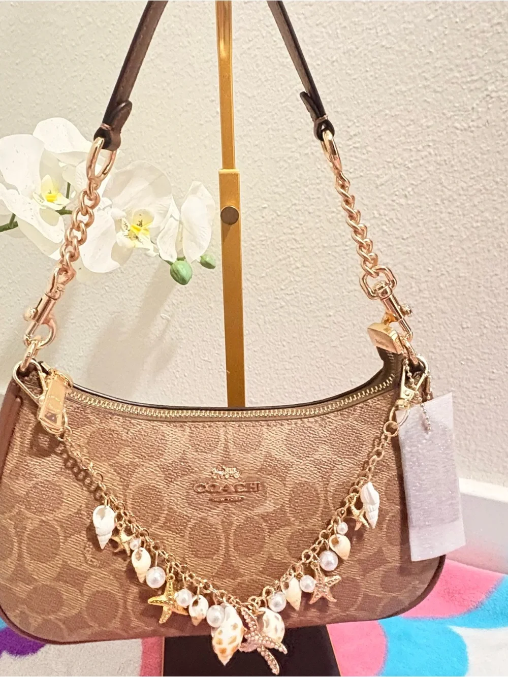 Coach Brown Signature Mini Shoulder Bag with Shell Charm Chain